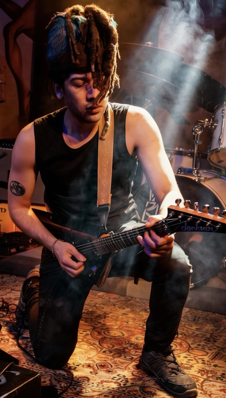 Sammer Salah playing guitar through stage smoke